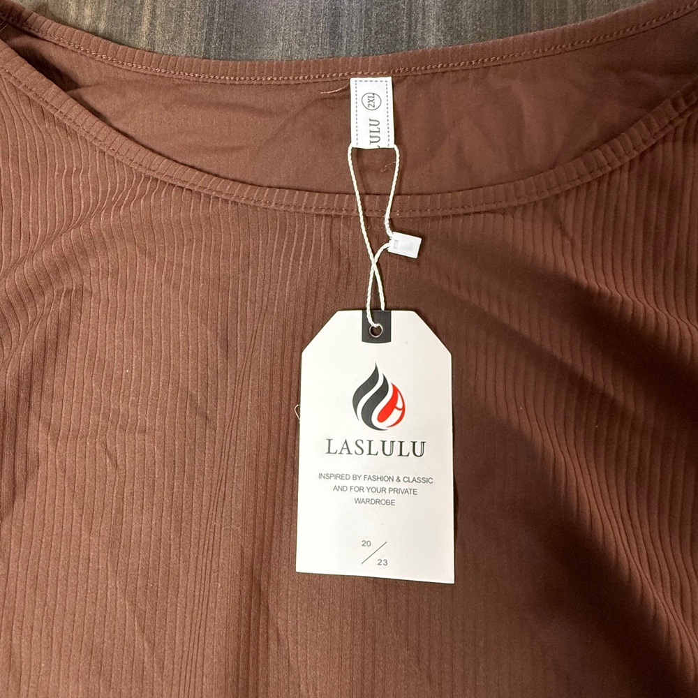 Laslulu Ribbed‎ Crop Top Ruched Long Sleeve Flared Sleeve Brown 2XL - Picture 4 of 5